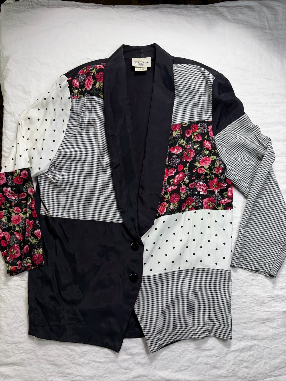 Vintage Brittany Nicole Patchwork Floral & Polka Dot Blazer - Black